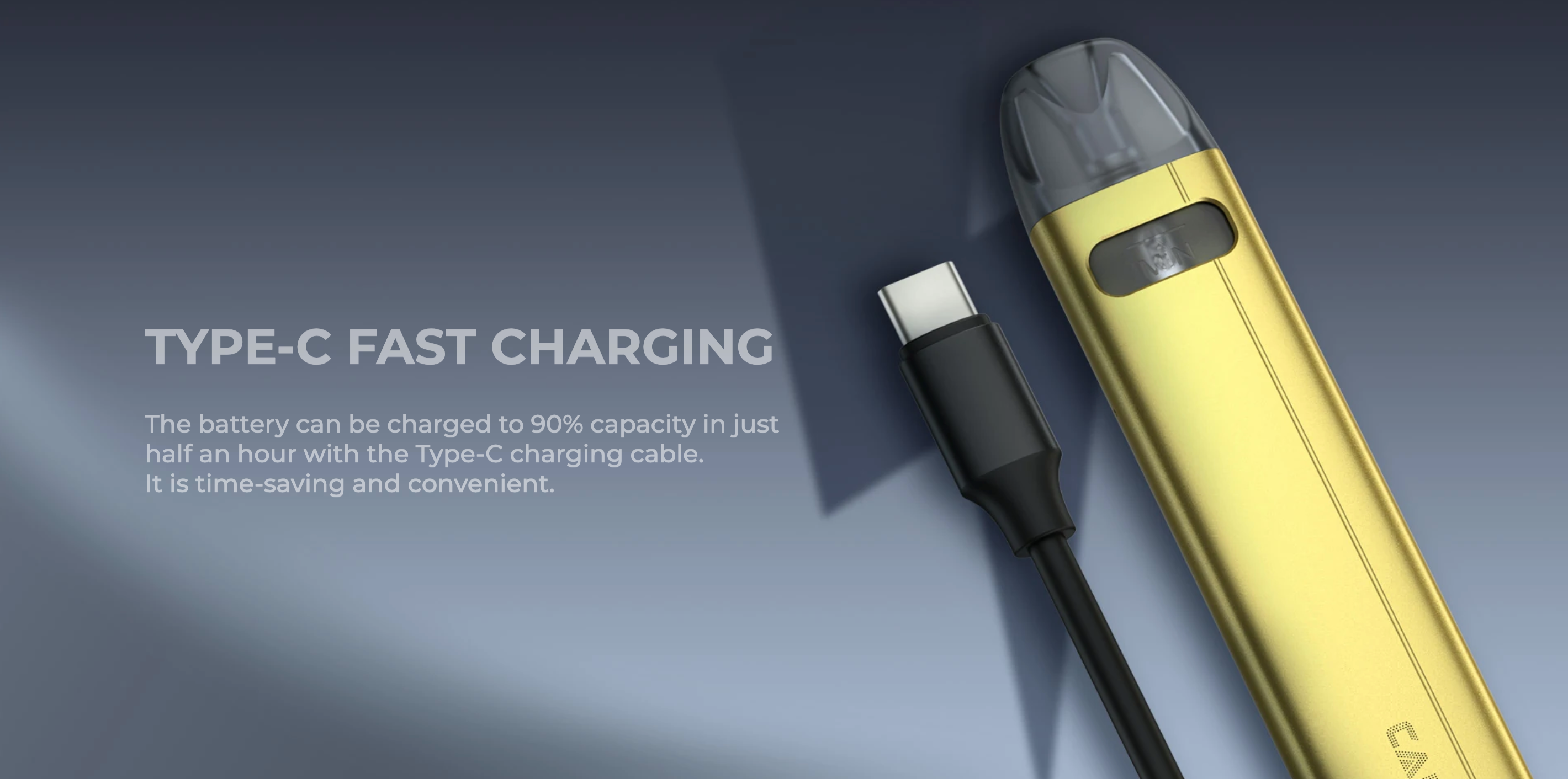 Uwell Caliburn A2S Pod Mod altın renkli, Type-C hızlı şarj özelliği temalı görsel.